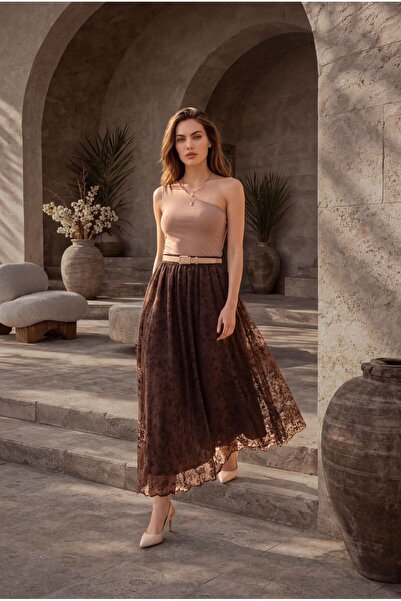 CEEMODA flok cu imprimeu tul fustă cu talie elastică detaliu la curea