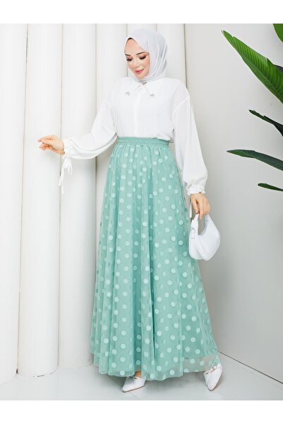 asyadabutik Women's Lace Fabric Polka Dot Detailed Lined Plus Size Skirt