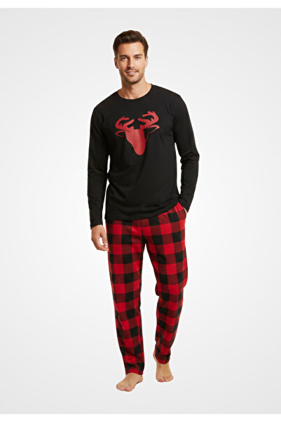 Sude Men's Fleece Pajamas – Black Sweatshirt with Reindeer Stitching & Red Ch...