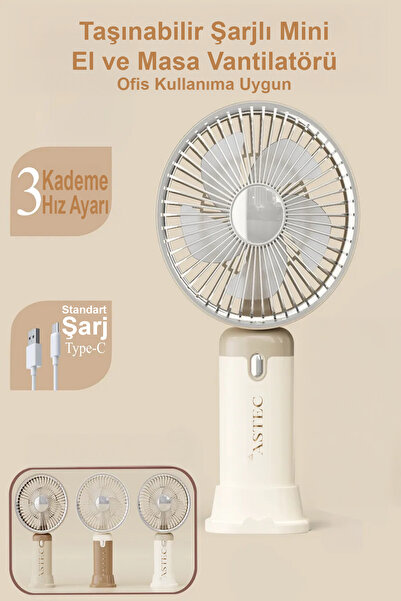ASTEC Şarjlı Mini Vantilatör Taşınabilir El Fanı Masaüstü USB Şarjlı Sessiz G...