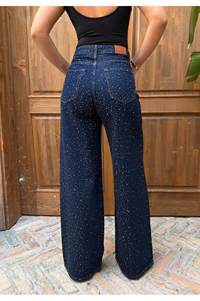 Vooz Kadın Taşlı Baggy Jean Yüksek Bel Bol Paça Wide Leg Denim Pantolon Rins ...