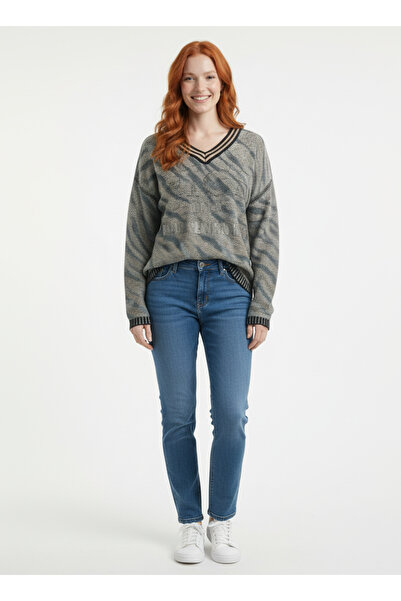 Neden Tekstil Black Gray Anthracite Stone Patterned V-Neck Knitwear Sweater