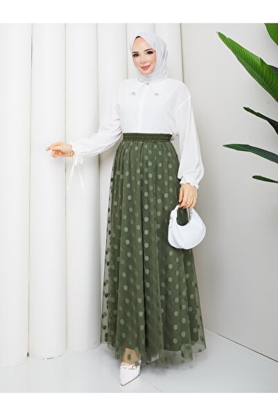 asyadabutik Women's Lace Fabric Polka Dot Detailed Lined Plus Size Skirt