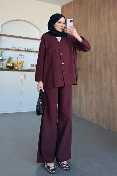 Şulemoda Giyim Linen Trouser Suit Burgundy