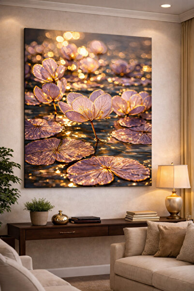 EvimeTablo Işıklı Nilüfer Çiçeği Kanvas Tablo – Modern Salon Yatak Odası Duva...