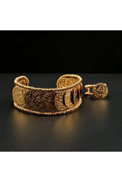 Generic Gold-Tone Coin Cuff Bracelet & Ring Set - Wide Embossed Medallion Jew...