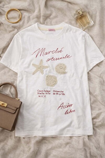 ibeeka Ocean Girl! Pearl Macramé Detailed 3D Embroidered T-Shirt