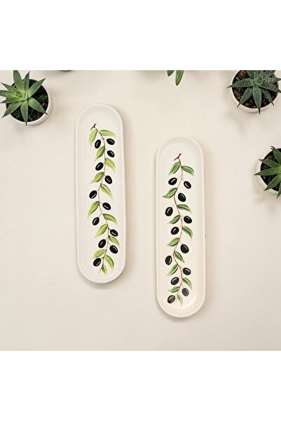 Mimoza Porselen ve Seramik Zeytin desenli porselen ince uzun sunum tabağı el ...