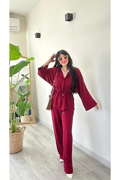 modadagiyim Women's Waist Tie-Detail Tencel Fabric Burgundy Shirt Pants Botto...