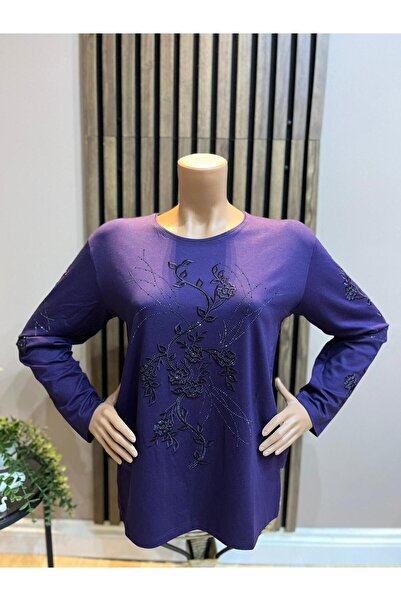 AKMAVİ Women's Middle Age and Above Round Neck Viscose Papatya Patterned Ston...