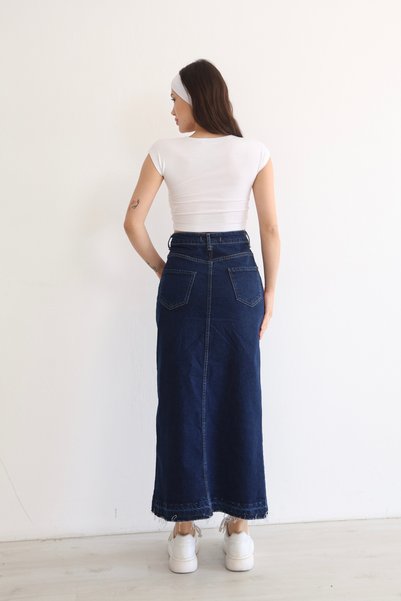 BLUE NATIONAL JEANS Women's High Waist Front Slit Tasseled Leg Long Denim Skirt Bnj-346