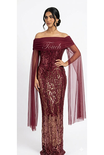 Touch Black and burgundy sequined evening dress with custom-designed tulle de...
