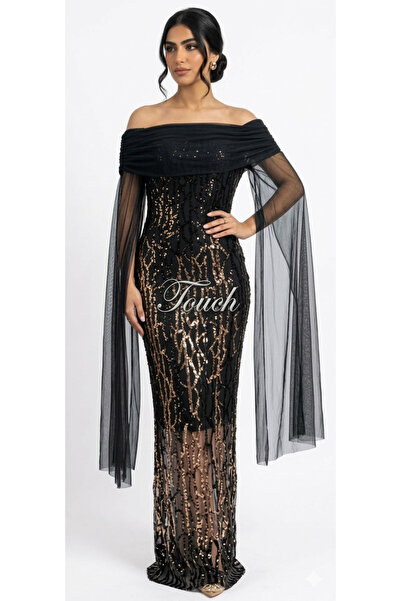 Touch Black and burgundy sequined evening dress with custom-designed tulle de...