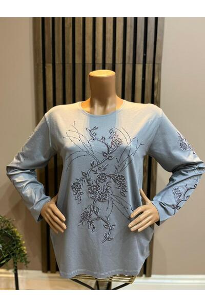 AKMAVİ Women's Middle Age and Above Round Neck Viscose Papatya Patterned Ston...