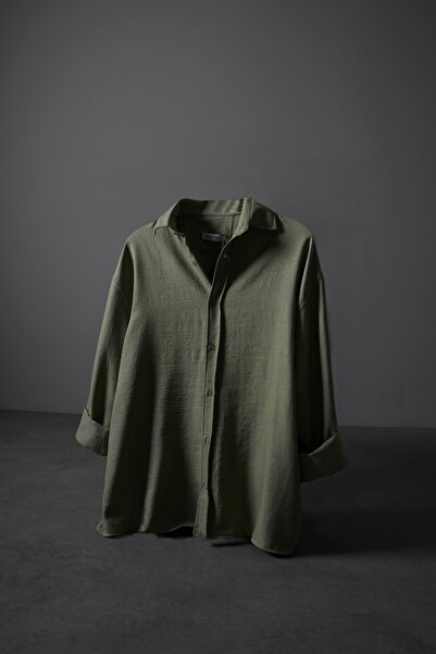 Slatra Men's Khaki Lightweight Textured Long Sleeve Oversized Shirt