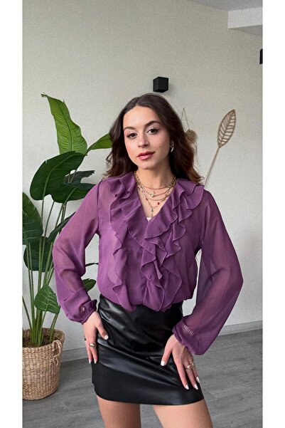 modadagiyim Women's White Shirred and Sleeve Detail Ruffles Buttoned Chiffon ...