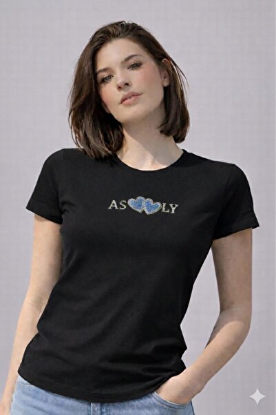 SİSTERS2HC Women's Stone Embroidered Aslove Basic Round Neck Vi Viscose İyah ...