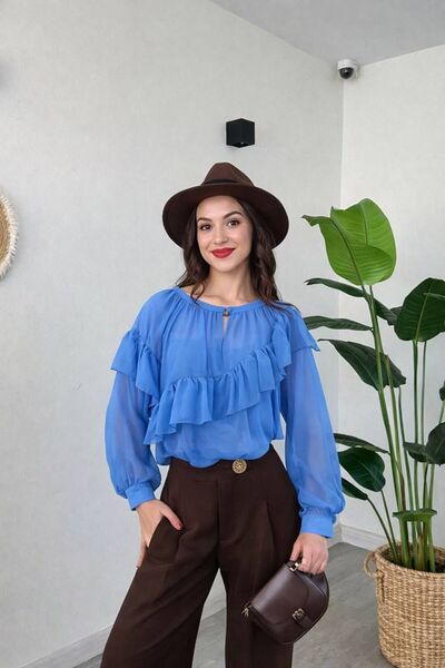 modadagiyim Women's Blue Shirred and Sleeve Detail Ruffled Drapey Chiffon Shi...