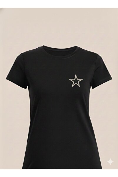 SİSTERS2HC Women's Stone Embroidered Star Basic Round Neck Vi Viscose İyah T-...
