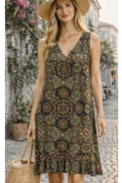 AYASOFYA OTANTIK Women's V-Neck Ethnic Authentic Patterned Skirt with Ruffles...