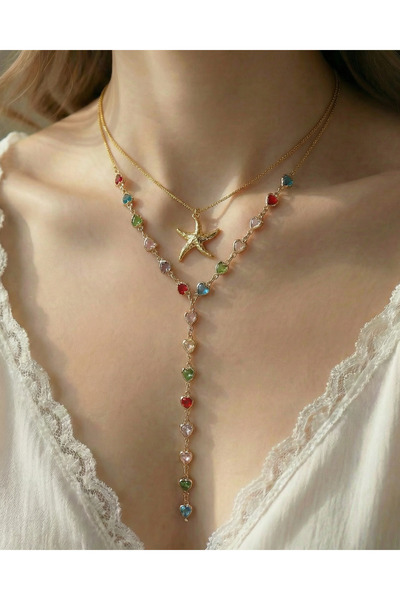 Gleemy accesories Altın Kaplama Deniz Yıldızı Detaylı Renkli Kalpli Y Kolye İ...