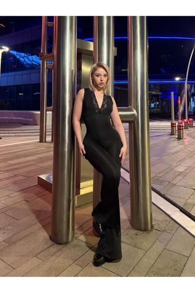 JANES Γυναικεία αμάνικη φόρμα Δαντέλα Gupur Detail V-Neck καμπάνα