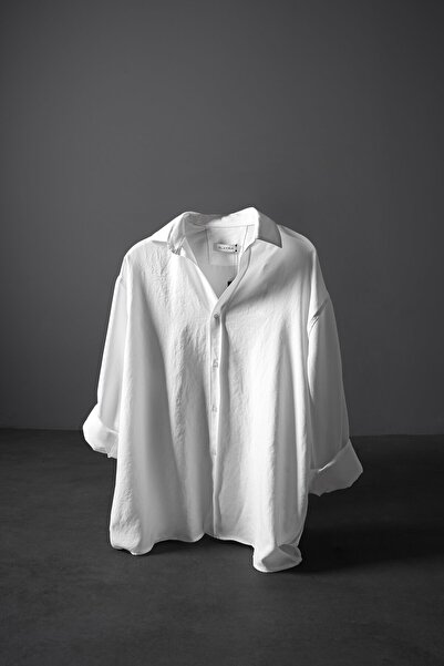 Slatra Erkek Beyaz Hafif Dokulu Uzun Kol Oversize Gömlek