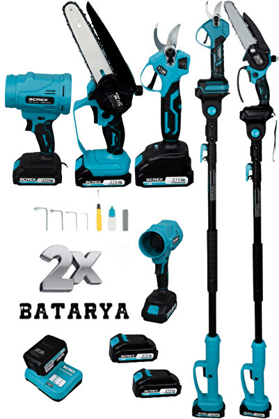 SCREX Profesyonel 4'lü Set 21V Teleskopik Kol & Bağ Makası & Yaprak Üfleme Ma...