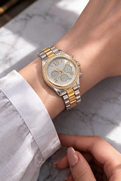 MODA MANANI Gold Silver Double Color Stone Case Roman Numeral Women's Wristwatch