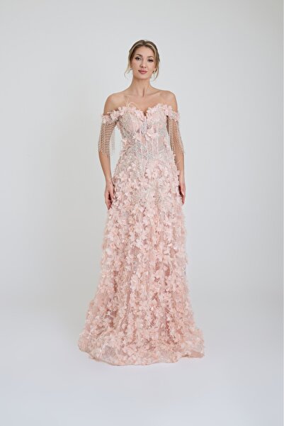 ROJBEY KADIN ABİYE KALP YAKA İŞLEME VE ÇİÇEK DETAYLI IŞILTILI UZUN ŞIK ELBİSE