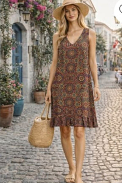 AYASOFYA OTANTIK Women's V-Neck Ethnic Authentic Patterned Skirt with Ruffles...