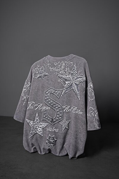 Slatra Чоловіча сіра футболка оверсайз з принтом суперзірки та ефектом прання