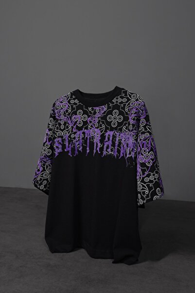 Slatra Men's Black Slatraism Embossed Printed Oversized Tshirt