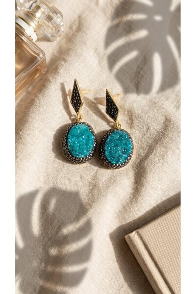 SR Jewelry Box Turkuaz Druzy Taş Küpe – Siyah Taş Detaylı Zarif Sallantılı Ta...