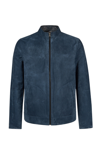 Derimod Clint Men's Navy Blue Hakim Collar Double Sided Suede Leather Jacket ...