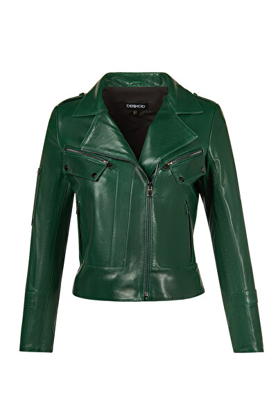 Derimod Roma Women's Green Short Biker Leather Jacket 25Wgd5609Ve
