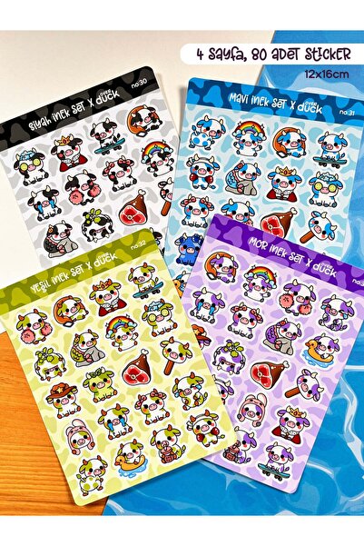 OverDuck 4’lü İnek Sticker Seti – 80 Adet Mavi, Mor, Yeşil ve Siyah İnek Stic...