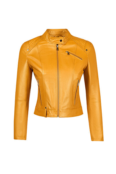 Derimod Sonia Women's Yellow Judge Collar Short Leather Jacket 25Sge5913Jb