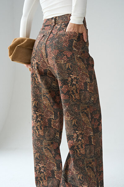 ASEDE Imported Fabric E Ethnic Patterned High Waist Wide Leg Jean Denim Pants