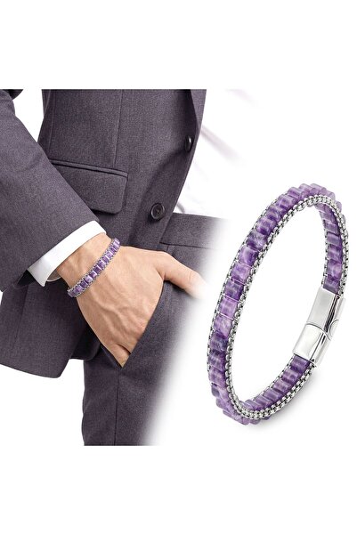 FM 💎   Premium Amethyst Natural Stone Wicker Weave Chain Men's Steel Bracele...