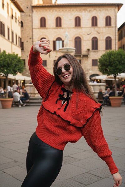 Green World Kadın Kırmızı Fırfırlı Bağcıklı Triko Kazak Crop Model Şık Örgü K...