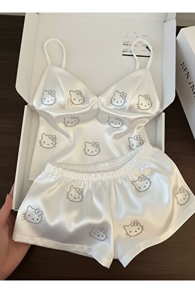 BALİNA Beyaz Premium Saten Kumaş Kitty Taş Baskılı Alt-Üst Takım - The Solo