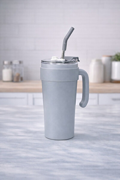 hediyeconcepti Stainless Steel Thermos Cup with Straw and Handle Portable Col...