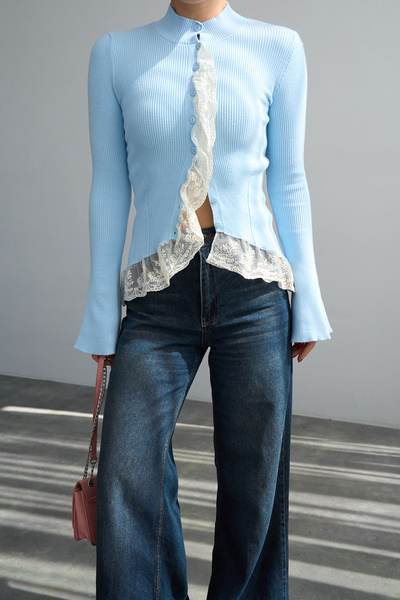 ASEDE Lace Detailed Spanish Sleeve D Mock Neck Buttoned Knitwear Design Cardigan