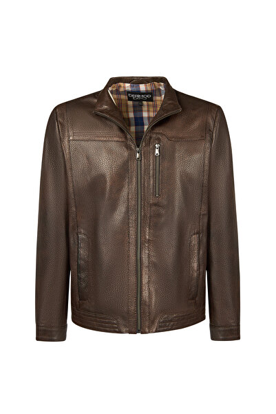 Derimod Oscar Men's Brown Zippered Leather Jacket 25Wge6433Jb