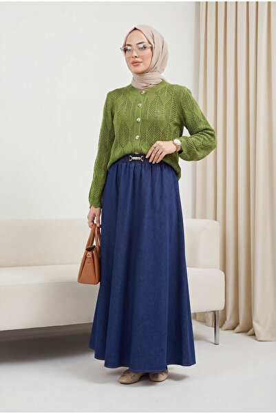 Modamorfo Elastic Waist Buckle Detail Denim Skirt - Navy Blue