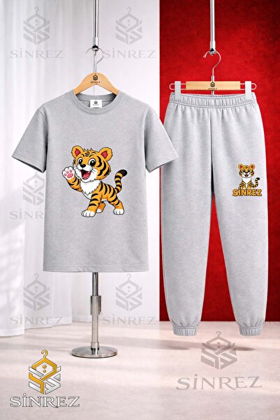 SİNREZ Children's Tiger Single Paw in the Air Printed T-Shirt Tracksuit Set