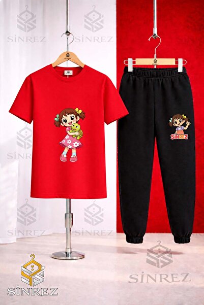 SİNREZ Children's Girls Turtle on the Arm Printed T-Shirt Tracksuit Set