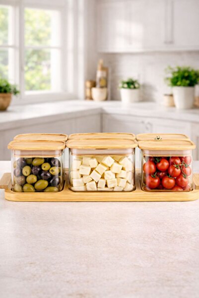 Akkoyunlu home Bambu Standlı 6’lı Cam Kahvaltılık Seti – Kapaklı Peynir Zeyti...