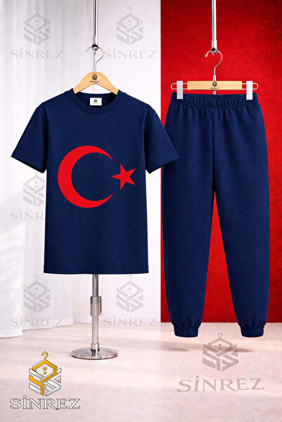 SİNREZ Children's Moon Star Red Printed T-Shirt Tracksuit Set